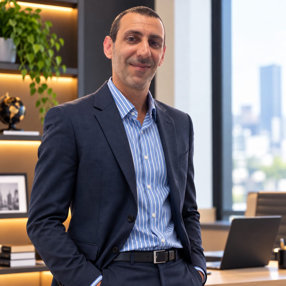 André Moreira, consultor de crédito, sorrindo em seu escritório em Santo André
